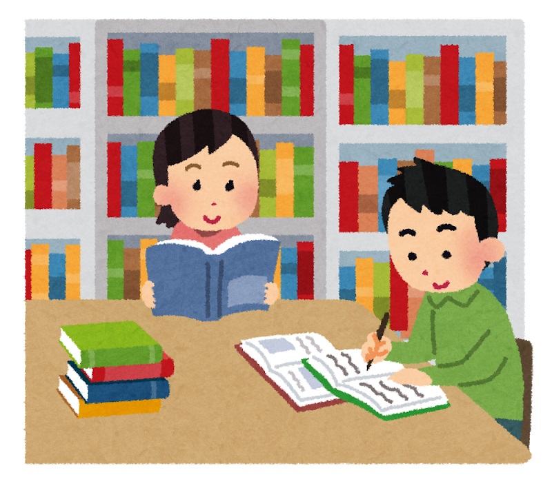 図書館で物語を読む子どもと、本を使って調べる子ども